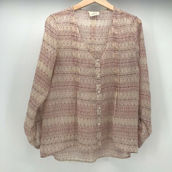 UO Pins & Needles Top Womens Medium Pink Ivory V Neck Smocked Button Down - Picture 1 of 9